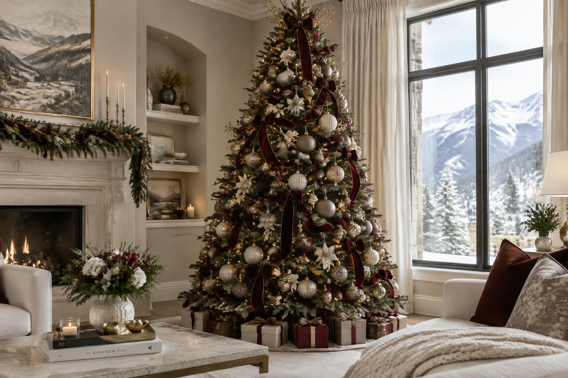 Grand decorated Christmas tree in an elegant Colorado lodge at dusk